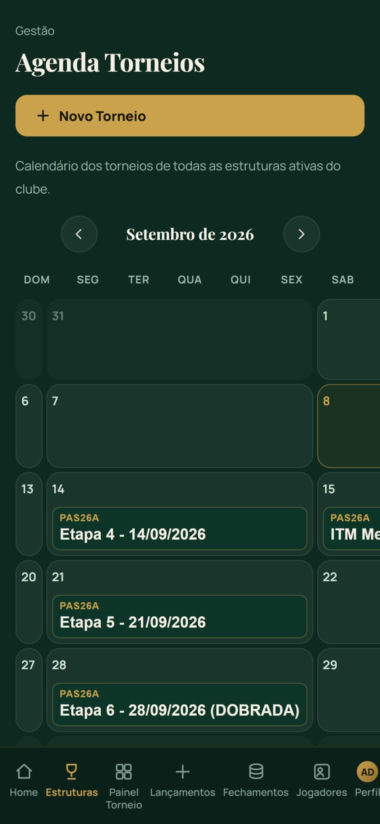 Agenda de torneios no celular